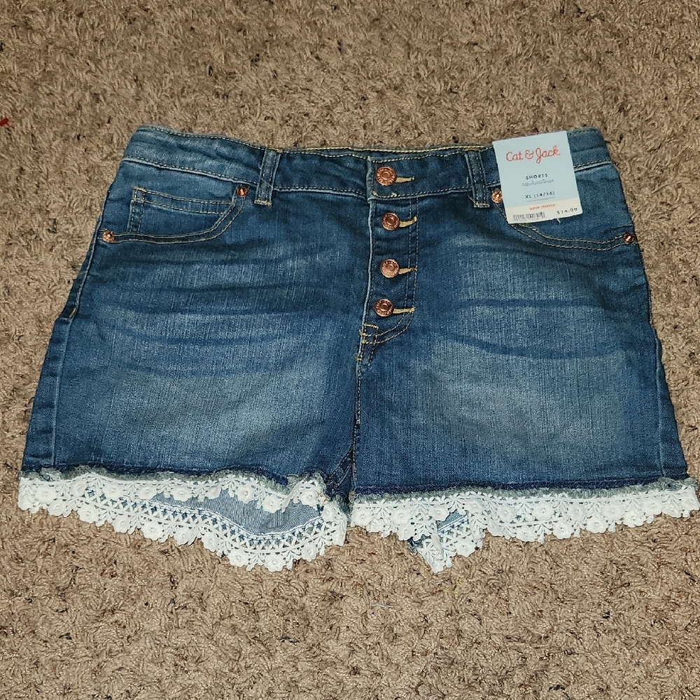 Cat & Jack Girls' Blue Denim Shorts with White Lace Trim